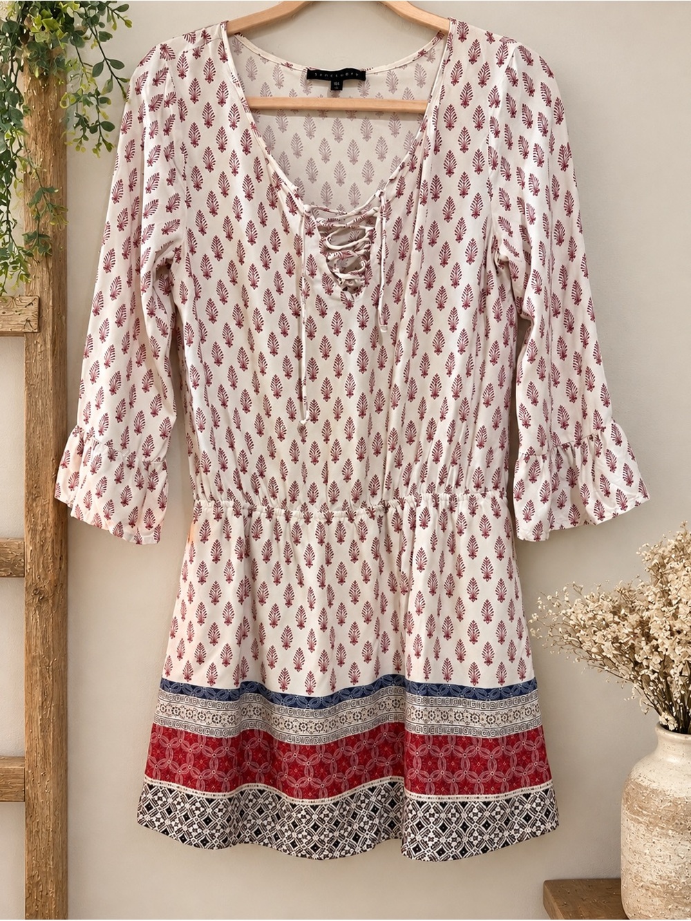 Sanctuary Boho Lace-Up Peasant Dress | Medium | Bell Sleeves | Bohemian